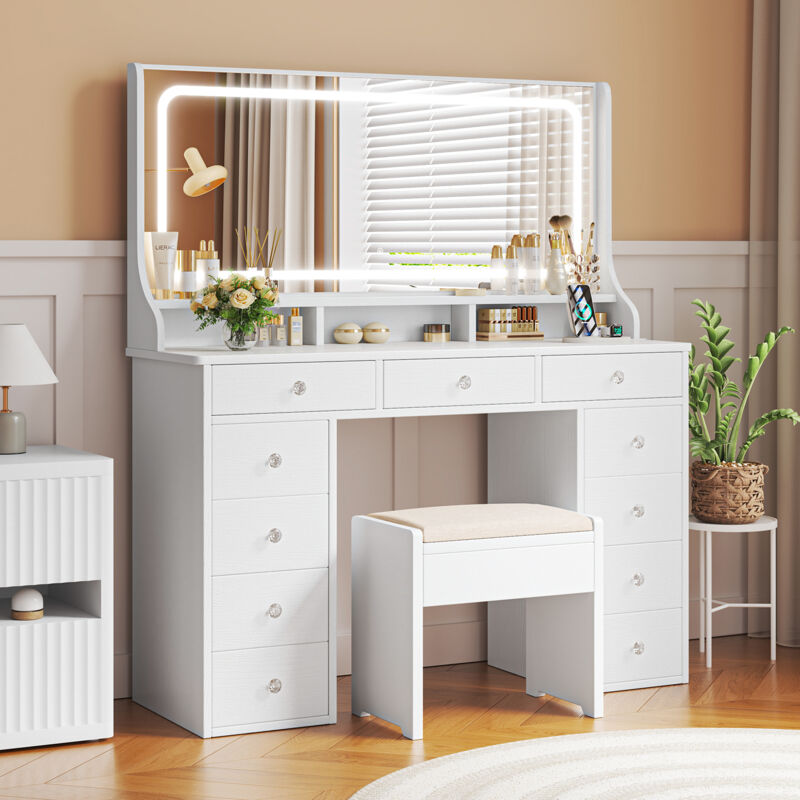 Neche – Coiffeuse élégante avec station de charge – Miroir LED 110 x 50 cm – 11 tiroirs – Panneaux de particules P2 – Blanc