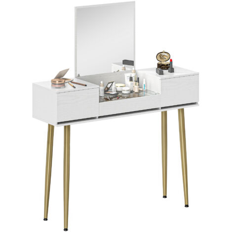 Coiffeuse élégante miroir carré, tiroirs organiseurs, 105,5x30x130,5 cm, blanc/or