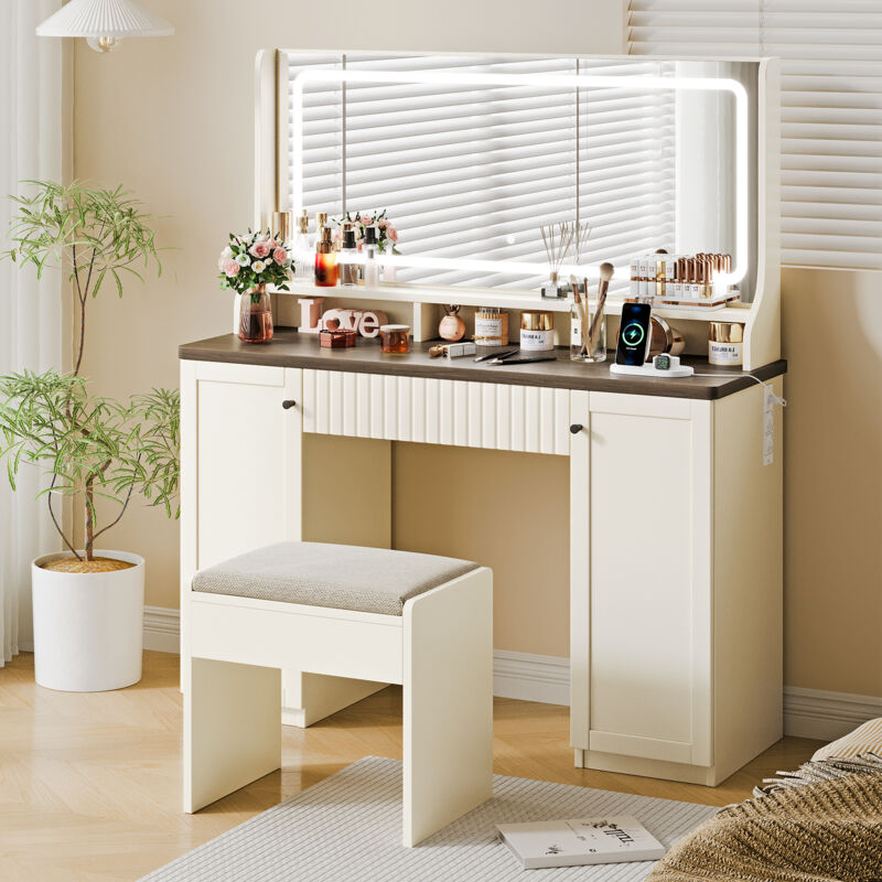 Coiffeuse Élégante Moderne avec station de charge,Table de Maquillage avec éclairage led + Grand miroir,Blanc et Marron(Sans tabouret)