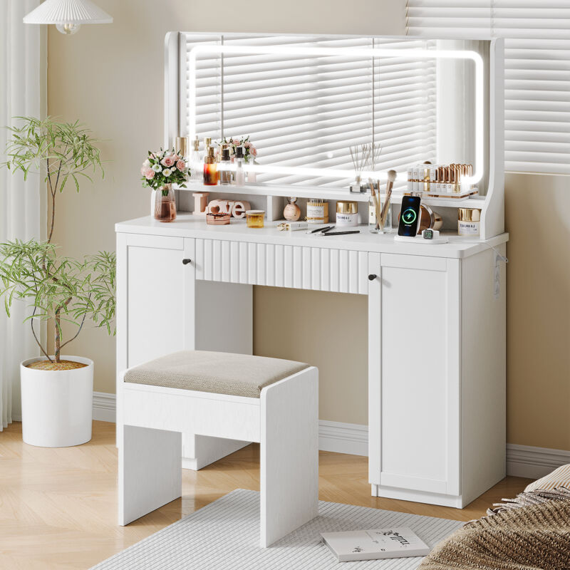 Coiffeuse Élégante Moderne avec station de charge,Table de Maquillage avec éclairage led + Grand miroir,Blanc(Sans tabouret)