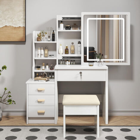 Coiffeuse élégante W85/H130/D36cm,miroir éclairage 3 couleurs,4 tiroirs avec tabouret moelleux,ensemble de coiffeuse blanc.