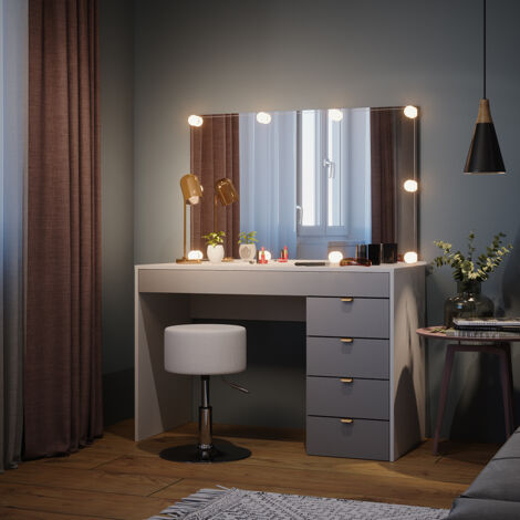 Coiffeuse Elise, Blanc/gris/gris, 115 cm avec éclairage LED et tabouret, Vicco