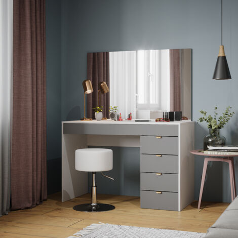 Coiffeuse Elise, Blanc/gris/gris, 115 cm avec tabouret, Vicco