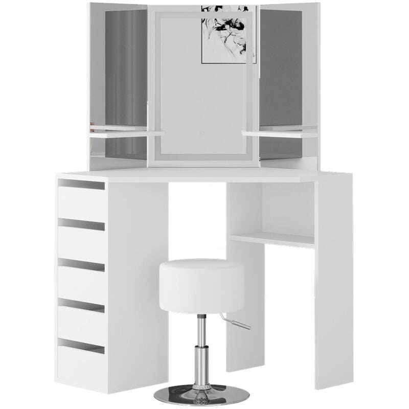 Vicco - Coiffeuse Arielle, Blanc, 110 cm avec miroir led et tabouret