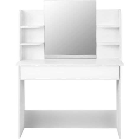 Coiffeuse en bois avec grand miroir, tiroir et 4 étagères(chaise non incluse) - Blanc