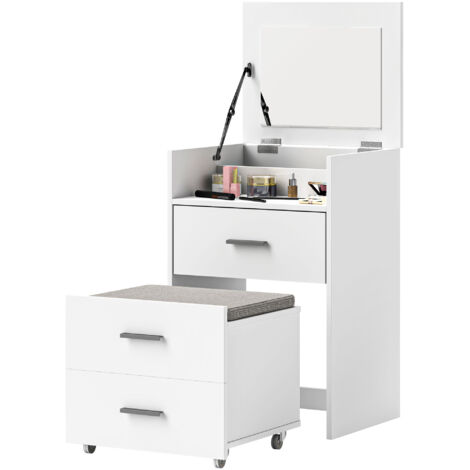 Coiffeuse en bois avec miroir rabattable, 2 tiroirs et tabouret, 50 x 40 x 113,5 cm, blanche
