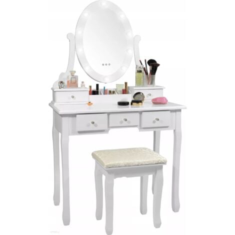 VIKING CHOICE Coiffeuse en bois blanc - avec miroir éclairé par LED - avec tabouret assorti - 80x40x137 cm