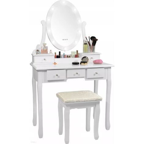 Coiffeuse en bois blanc - avec miroir éclairé par LED - avec tabouret assorti - 80x40x137 cm - Blanc