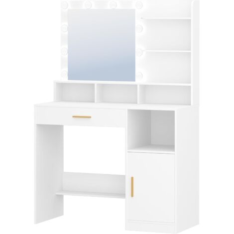 Coiffeuse enfant avec miroir et 10 lumières LED – Tiroir et armoire de rangement – Dimensions 40 x 95 x 140 cm – Matériaux MDF et verre