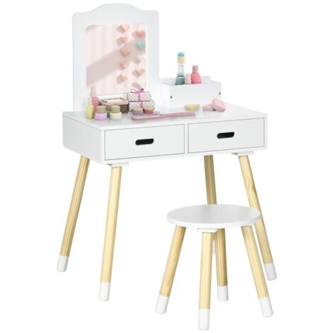 Coiffeuse enfant avec miroir, tabouret et 2 tiroirs, 3-6 ans, blanc et bois, 60x40x95 cm