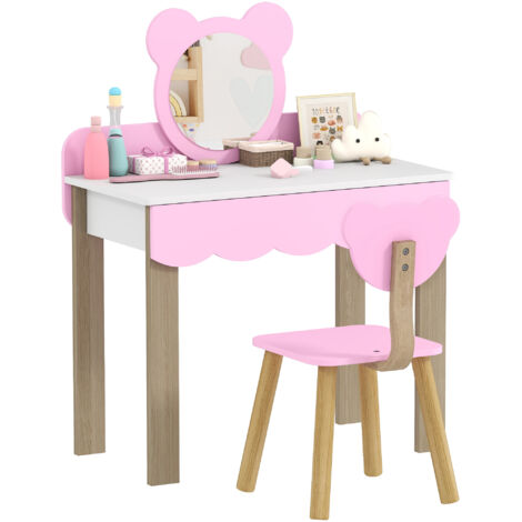 Coiffeuse enfant avec tabouret, miroir maquillage ours, tiroir, MDF rose, jeu salon beauté
