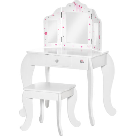 Coiffeuse Enfant avec Tabouret, Miroir triptyque et tiroir Coulissant - Coiffeuse dim. 63L x 40l x 85,5H cm