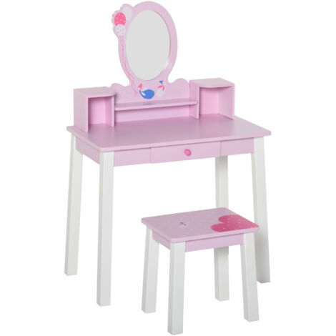 Coiffeuse enfant avec tabouret, miroir type princesse, jouet maquillage bois rose, 3+ ans, 60x34x93 cm