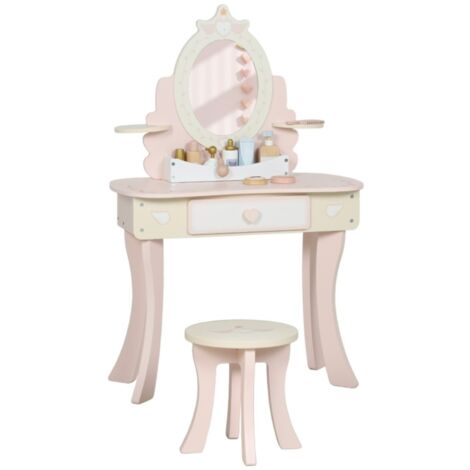 Coiffeuse enfant-Design 2-en-1-avec chaise et miroir amovible-7 accessoires-Bureau MDF rose-59.8x29.6x89.8cm