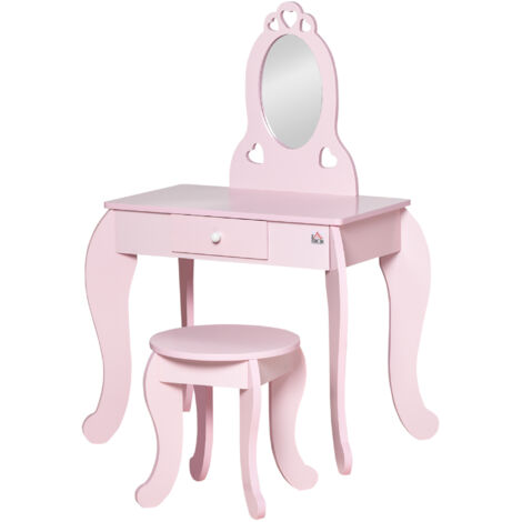 Coiffeuse Enfant Design Girly avec Motifs à Coeur - Tabouret Inclus - dim. 60L x 36l x 88H cm - tiroir, Miroir - MDF - Rose