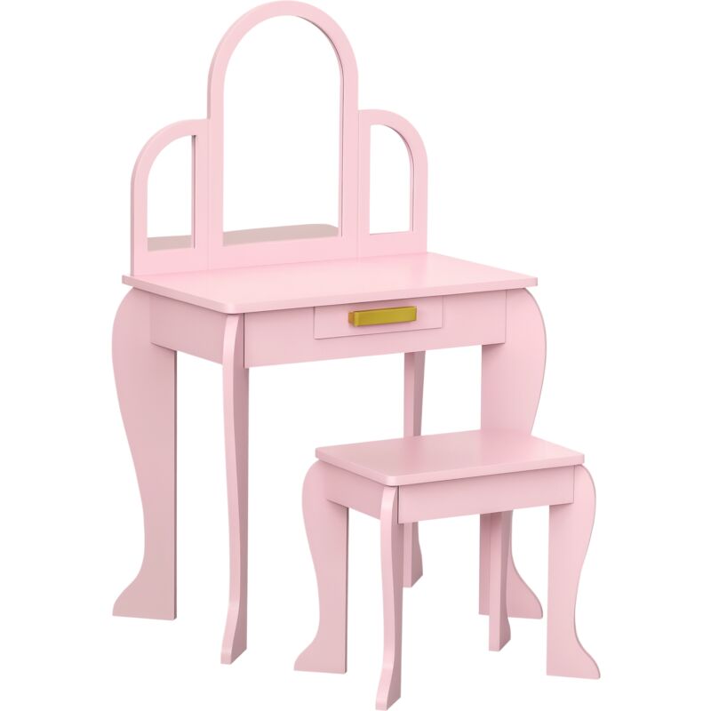 Coiffeuse enfant design girly - tabouret inclus - dim. 52L x 32l x 85H cm - tiroir, 3 miroirs - mdf bois de pin - rose poudré