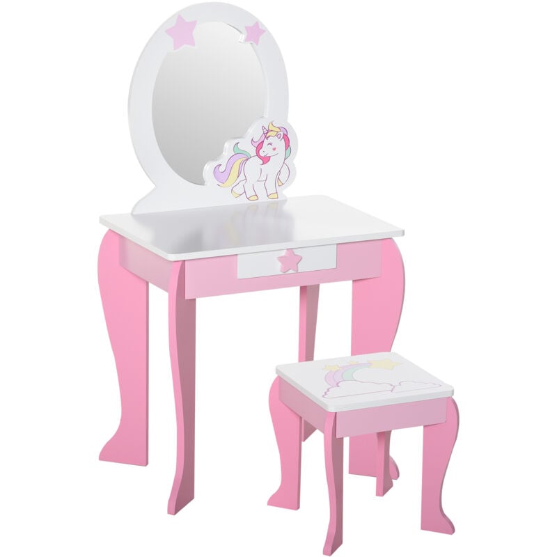 Coiffeuse enfant design licorne - tabouret inclus - dim. 49L x 34l x 90H cm - tiroir, miroir - mdf - rose blanc
