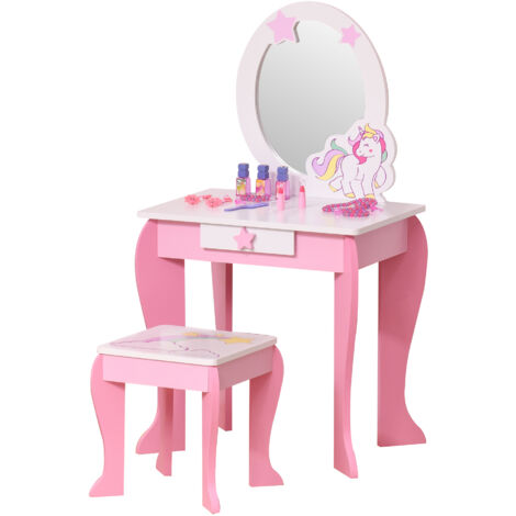 Coiffeuse Enfant Design Licorne - Tabouret Inclus - dim. 49L x 34l x 90H cm - tiroir, Miroir - MDF - Rose Blanc
