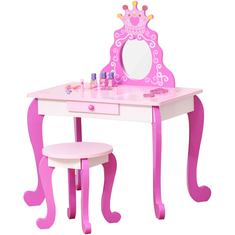 Coiffeuse enfant design princesse - tabouret inclus - dim. 70L x 40l x 91H cm - tiroir, miroir - MDF - rose