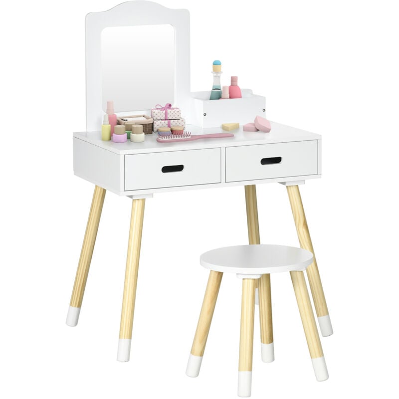 Coiffeuse enfant design scandinave - tabouret inclus - 2 tiroirs, niche, miroir - bois pin mdf blanc
