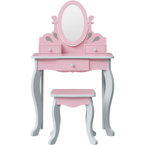 Coiffeuse enfant en bois avec miroir ovale inclinable – 3 tiroirs de rangement – Finition rose et gris – Dimensions 63x32x99,1 cm – Teamson Kids
