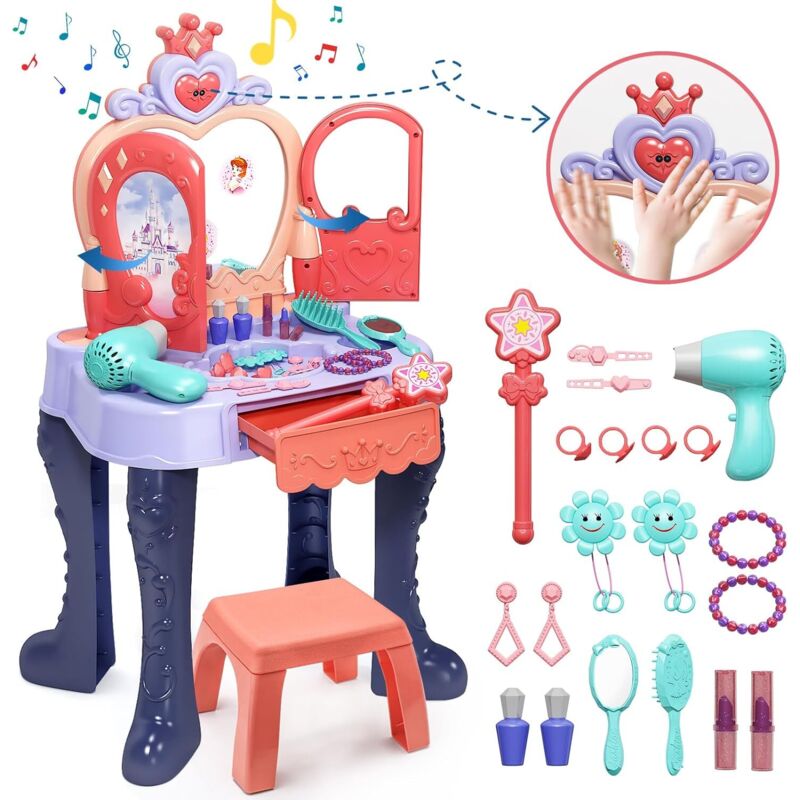 Magicfox - Coiffeuse enfant fille - avec Tabouret et Jouets d'Habillag - Musique et Lumière- Miroir à ouverture par capteur - Dès 3 Ans