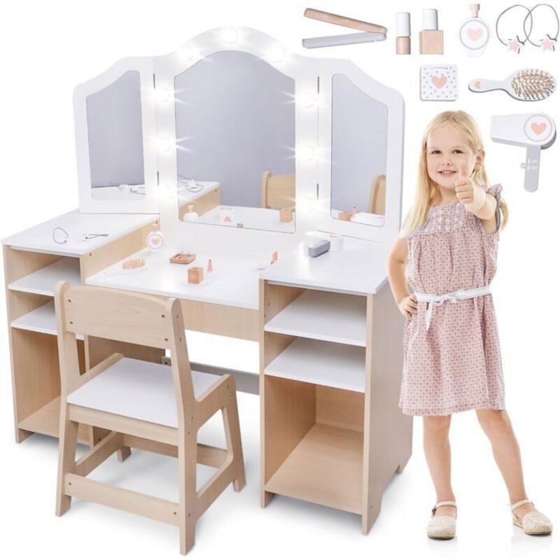 Coiffeuse enfant - MAMABRUM - Modèle LED - 102x40x114 cm - 9 accessoires - Design moderne blanc