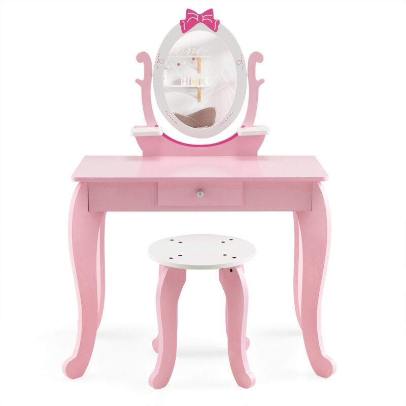coiffeuse enfant miroir rotatif à 360° tabouret 1 tiroir et 2 etagères de rangement rose pour fille 3 - 7 ans - rose