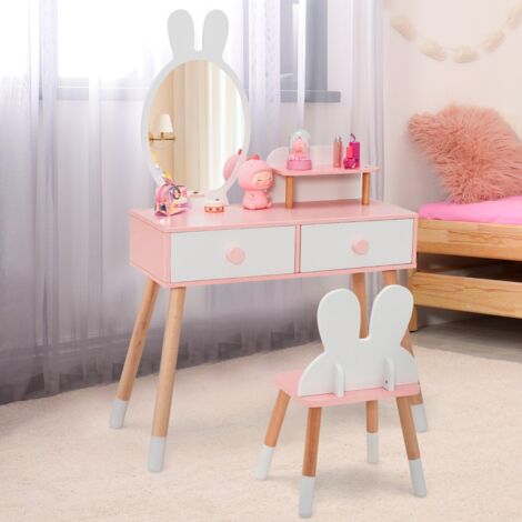 Coiffeuse Enfant Table de maquillage avec Chaise en Forme de Lapin et 2 Tiroirs Blanc CW19389