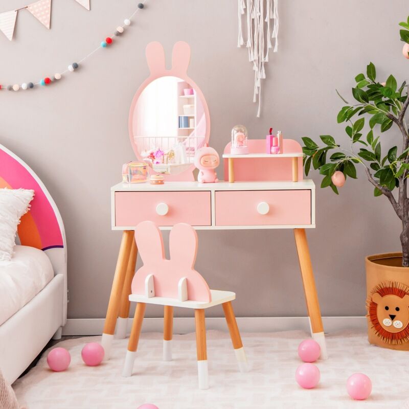 Coiffeuse Enfant, Table de maquillage avec Chaise en Forme de Lapin et 2 Tiroirs Rose CW3560 DESIGN IN