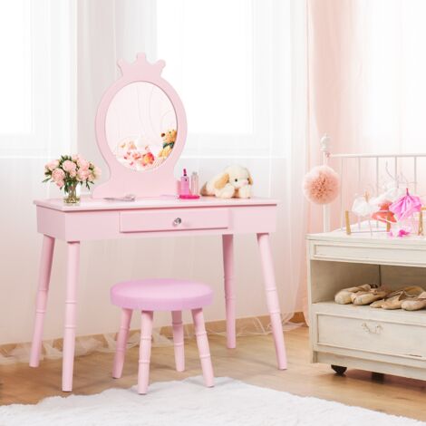 Coiffeuse Enfant, Table de maquillage avec Tiroir et Tabouret Style Princesse Rose CW7147 Maison Chic