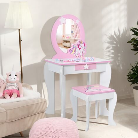 Coiffeuse Enfant, Table de Maquillage, Tabouret, Miroir Détachable, 1 Tiroir de Rangement Blanc CW44267