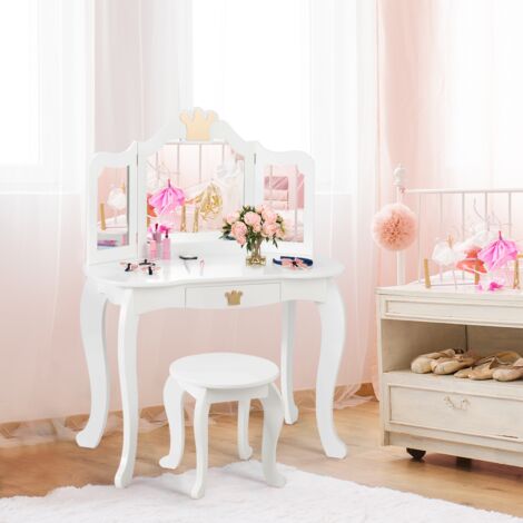 Coiffeuse Enfants, Miroir à Trois Volets, Dessus Amovible, Tabouret Inclus Blanc CW22621