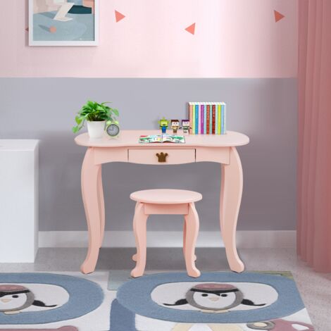 Coiffeuse Enfants, Miroir à Trois Volets, Dessus Amovible, Tabouret Inclus Rose CW54204