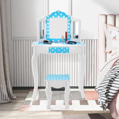 Coiffeuse Enfants  Table de maquillage avec Miroir Amovible à 3 Volets & Tiroir Bleu CW32509