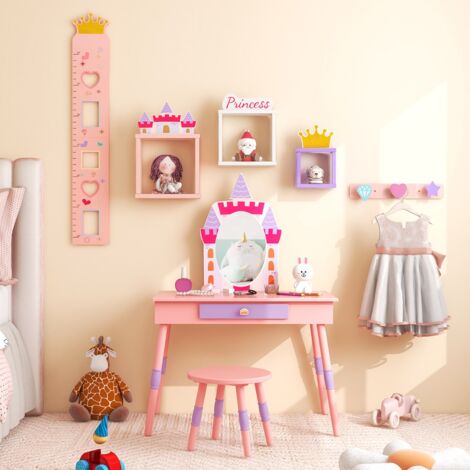 Coiffeuse Enfants  Table de maquillage Thème Château avec Tabouret et Miroir Détachable Rose CW56291