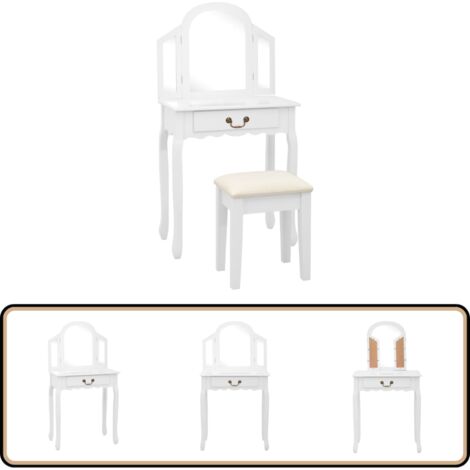 Coiffeuse et tabouret Blanc 65x36x128 cm Bois de paulownia MDF - Coiffeuse Blanche - Meuble Salle De Bain - Vanity Table - Commode Maquillage - Miroir Rond