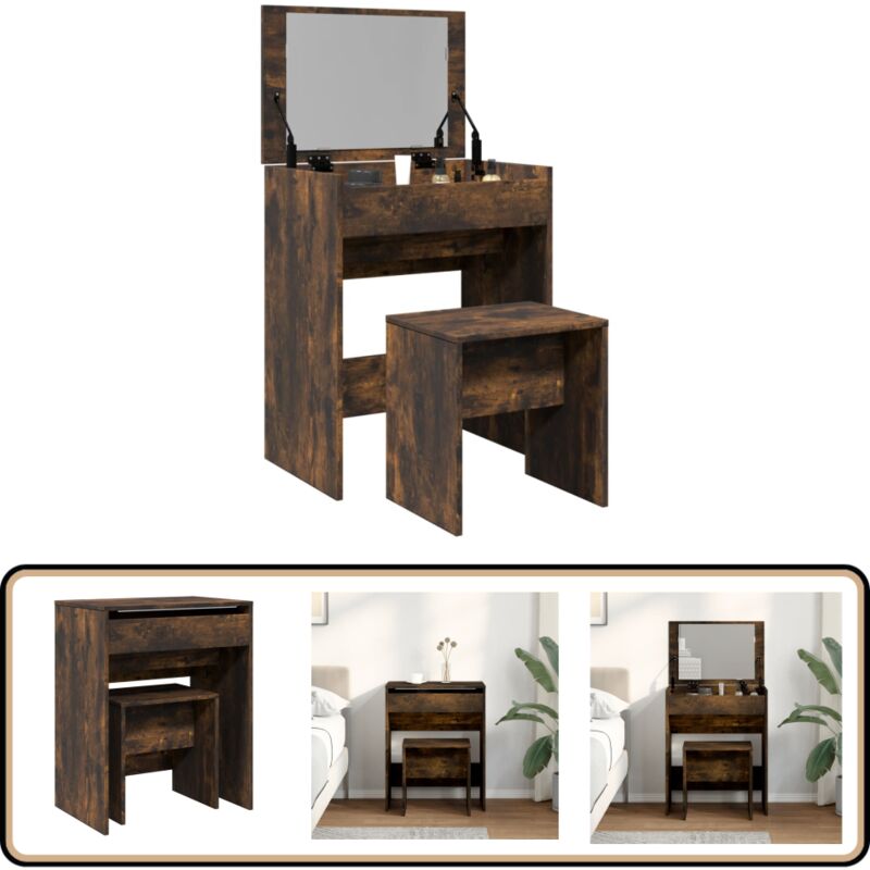 Vidaxl - Coiffeuse et tabouret chêne fumé 60x40x113,5 cm - Coiffeuse - Meuble De Salle De Bain - Vanity - Table De Maquillage - Miroir