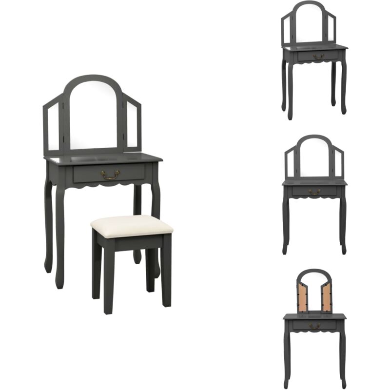 Vidaxl - Coiffeuse et tabouret Gris 65x36x128 cm Bois de paulownia mdf - Coiffeuse - Meuble De Salle De Bain - Vanity - Miroir Rond - Commode