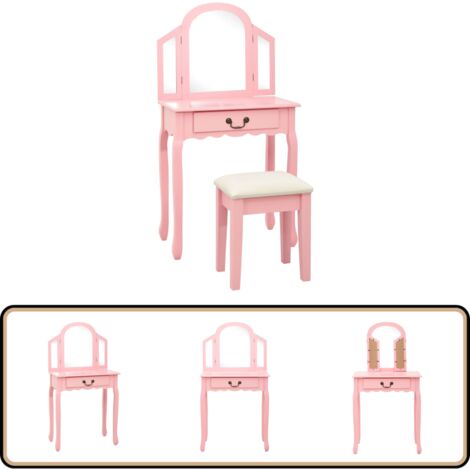 Coiffeuse et tabouret Rose 65x36x128 cm Bois de paulownia MDF - Coiffeuse - Meuble De Salle De Bain - Vanity - Miroir Rond - Table De Maquillage