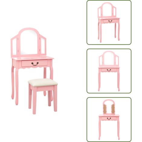 Coiffeuse et tabouret Rose 65x36x128 cm Bois de paulownia MDF - Coiffeuse - Meuble De Salle De Bain - Vanity - Miroir Rond - Table De Maquillage