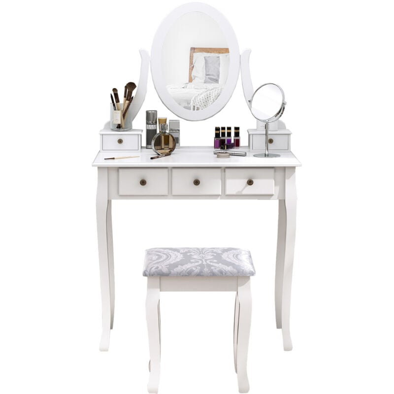Homcom - Coiffeuse et tabouret style baroque 5 tiroirs miroir ovale pivotant 360° mdf bois blanc
