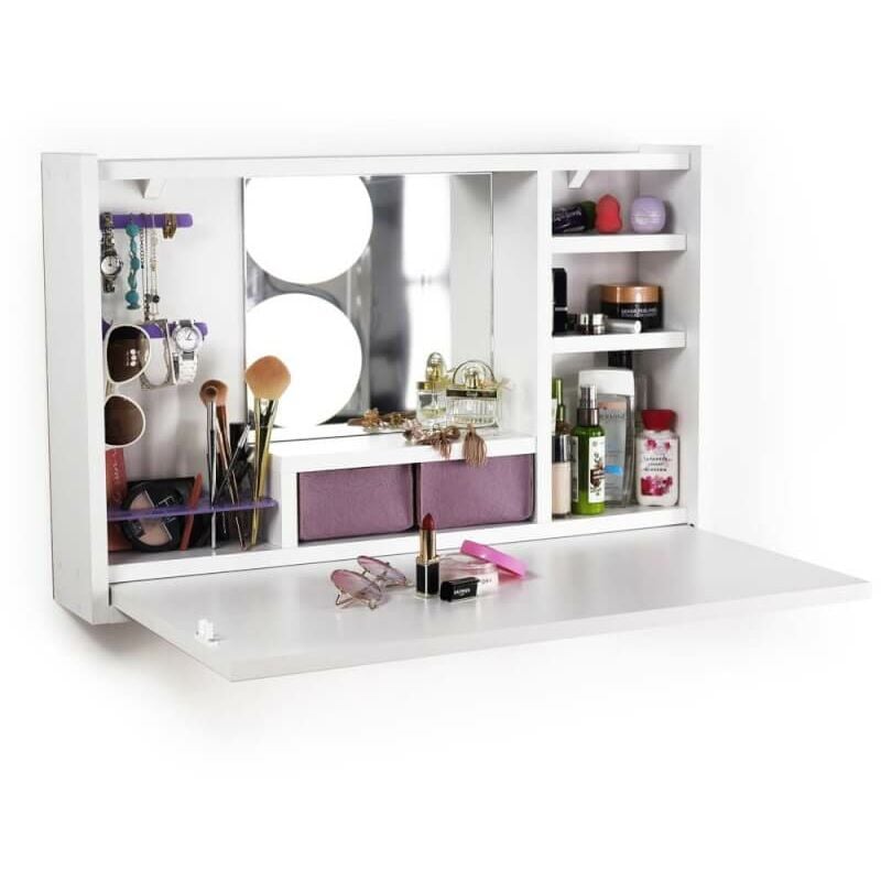 Coiffeuse fermable Leeta avec finition miroir blanc brillant