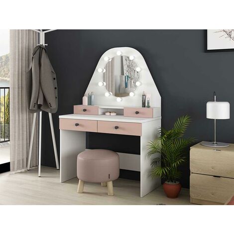 Coiffeuse GABRIELA - Miroir à LEDs et rangements - rose poudré - Rose poudré, Blanc