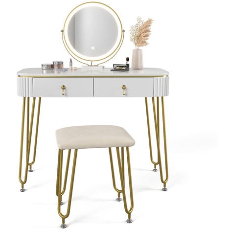 Coiffeuse Grace 100cm blanc brilliant avec miroir LED et tabouret Vicco