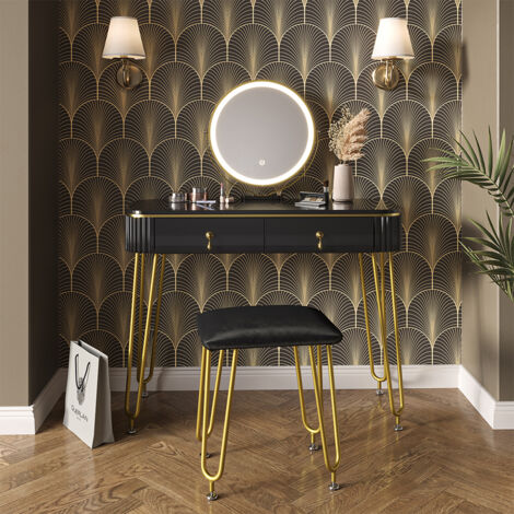 Coiffeuse Grace, Noir, 100 cm avec éclairage LED et tabouret, Vicco