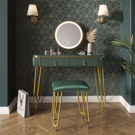 Coiffeuse Grace, Vert foncé Haute brillance, 100 cm avec éclairage LED et tabouret, Vicco
