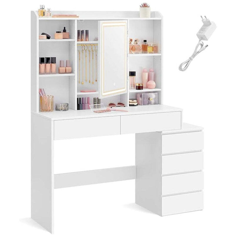 Coiffeuse grand miroir led à luminosité réglable table de maquillage avec miroir compartiments 40 x 117,5 x 145 cm étagères réglables moderne blanc