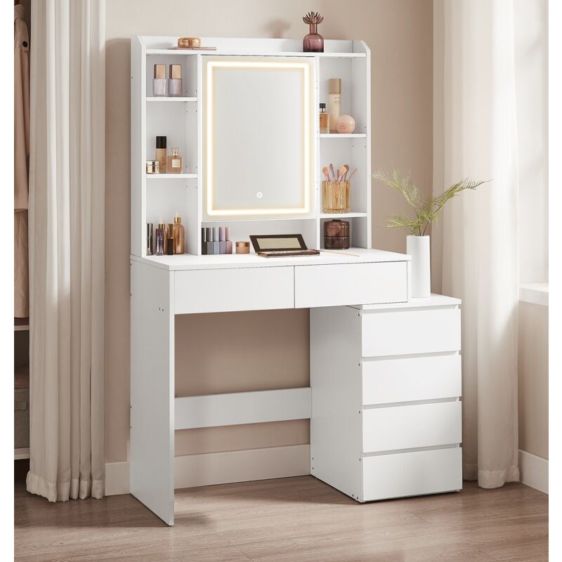 Vasagle - Coiffeuse, Grand Miroir LED,7 compartiments ouverts, 6 tiroirs, Étagères Réglables, 40 x 97,5 x 145 cm (p x l x h), Moderne, Blanc Nuage