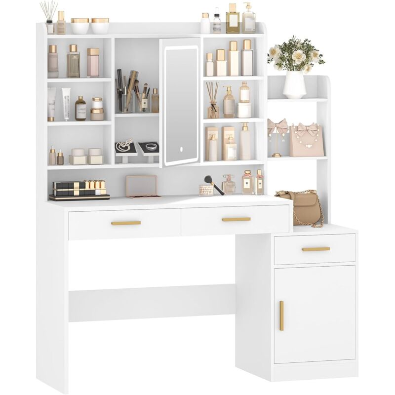 Coiffeuse avec miroir LED réglable – Grand plateau 100 cm – 9 étagères multifonctionnelles – 2 tiroirs de rangement – Dimensions 40x130x149 cm
